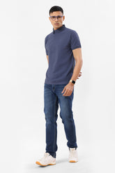 0702-3 Steel Blue Ribbed Collar Polo T-Shirt