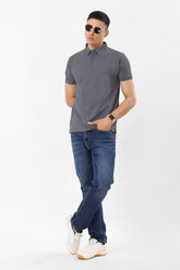 0702-4 Smoky Grey Ribbed Collar Polo T-Shirt