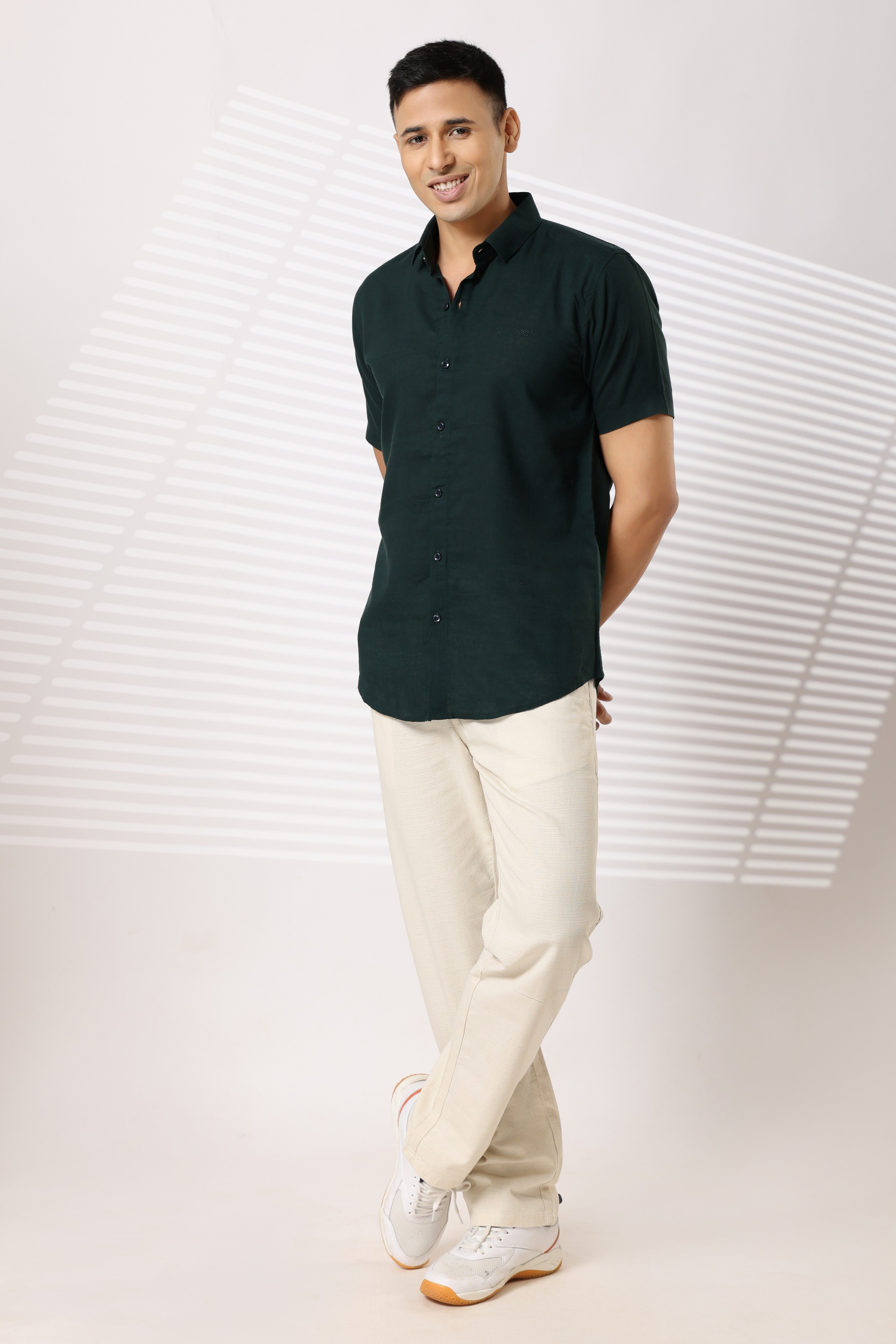Linen Shirts Half Sleeves Slim Fit Bottle Green