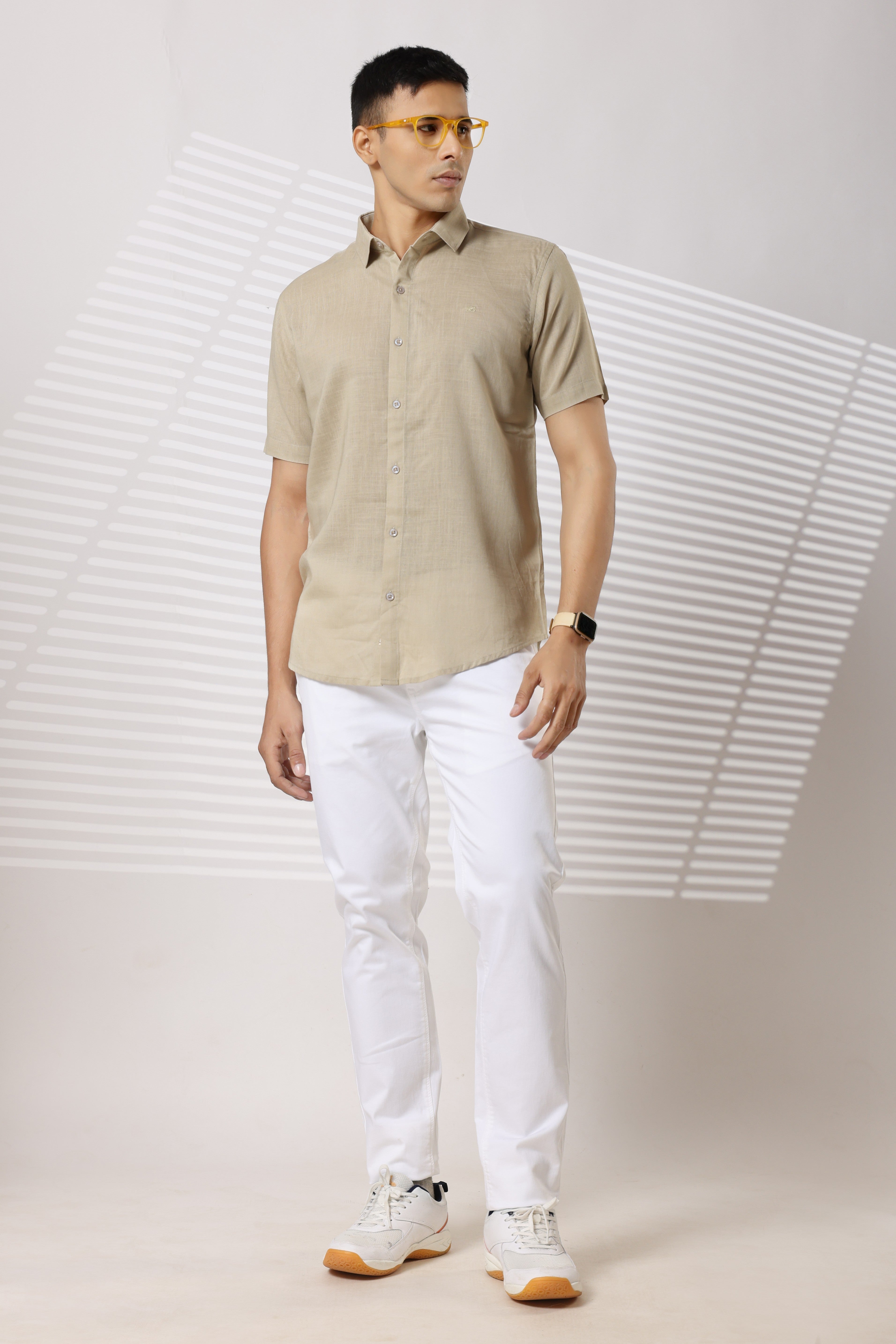 Linen Shirts Half Sleeves Slim Fit Beige