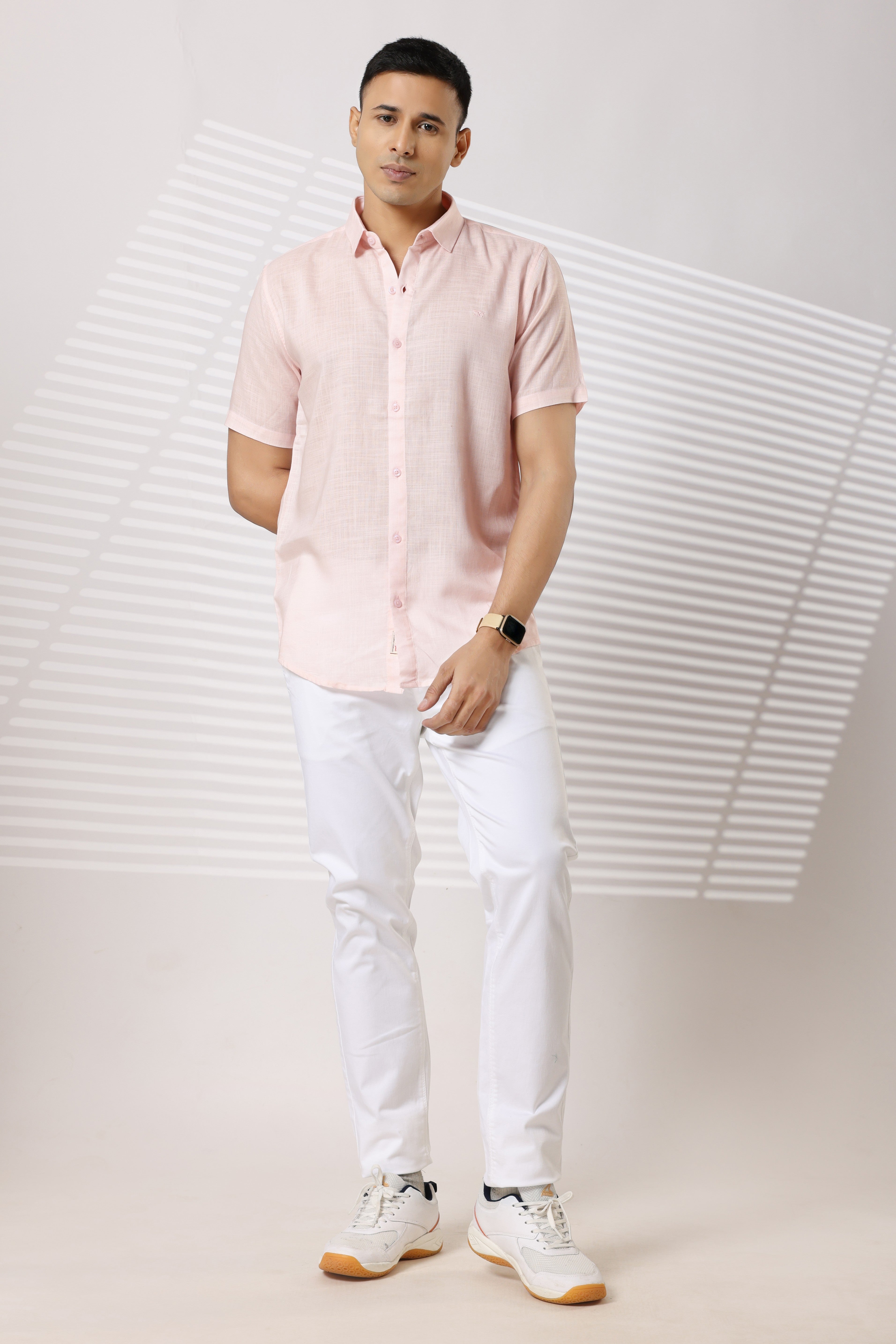 Linen Shirts Half Sleeves Slim Fit Pink