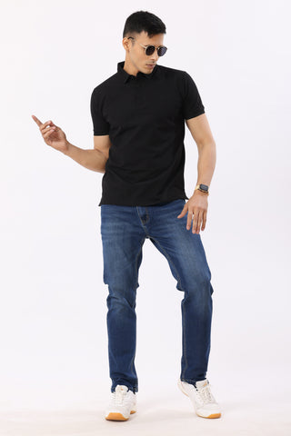 0702-5 Black Ribbed Collar Polo T-Shirt