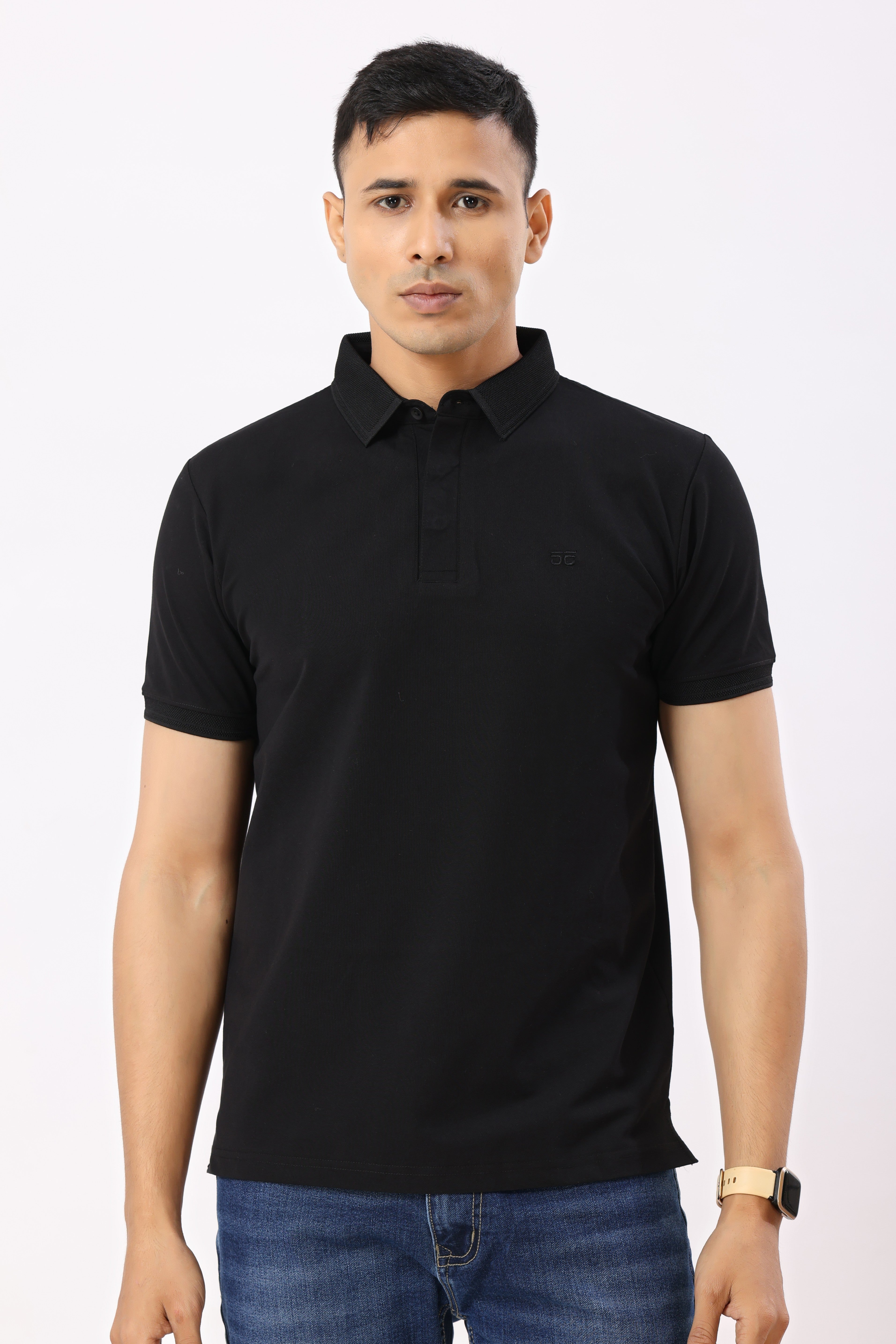 0702-5 Black Ribbed Collar Polo T-Shirt
