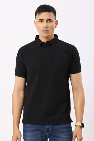 0702-5 Black Ribbed Collar Polo T-Shirt