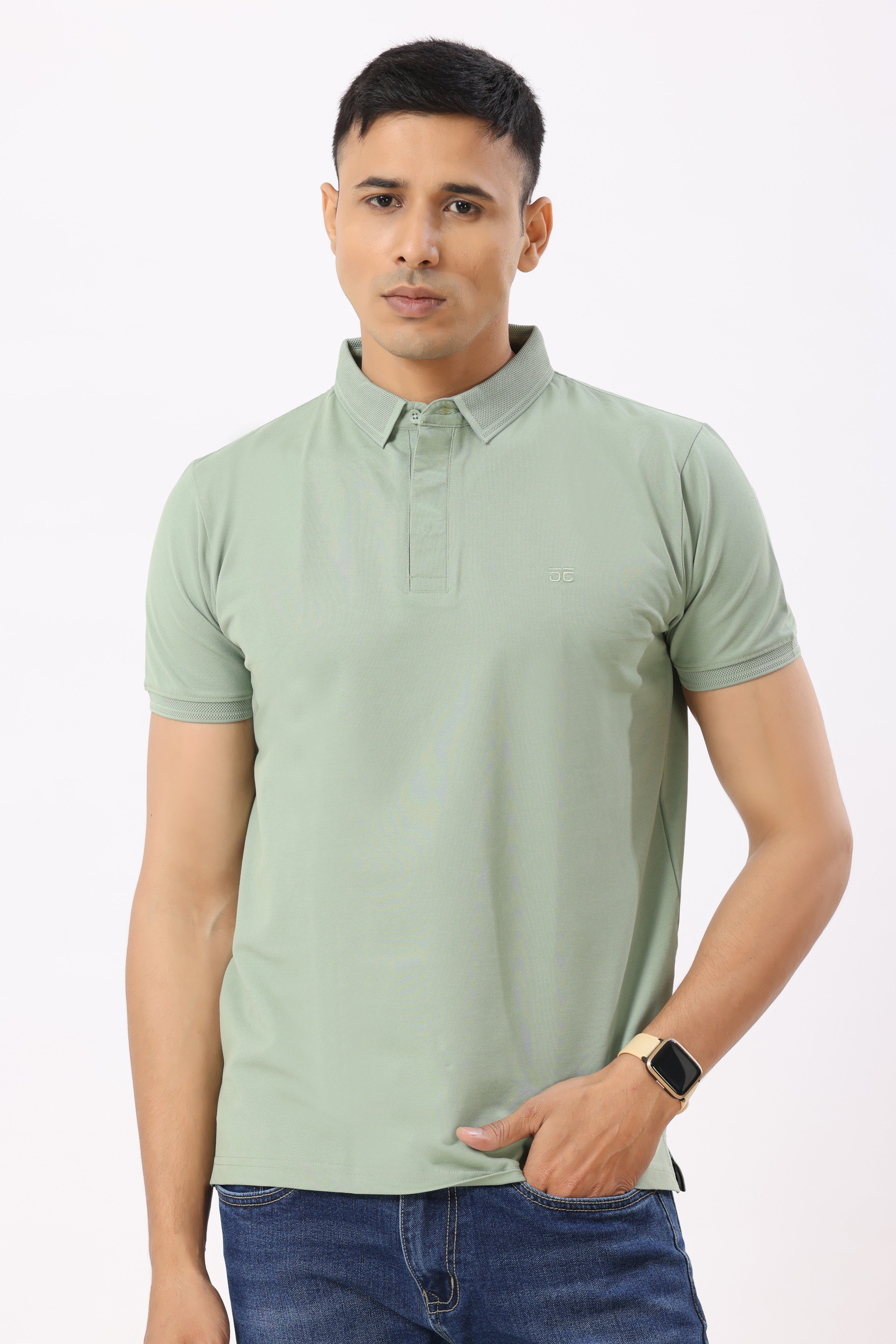 0702-2 Light Green Ribbed Collar Polo T-Shirt