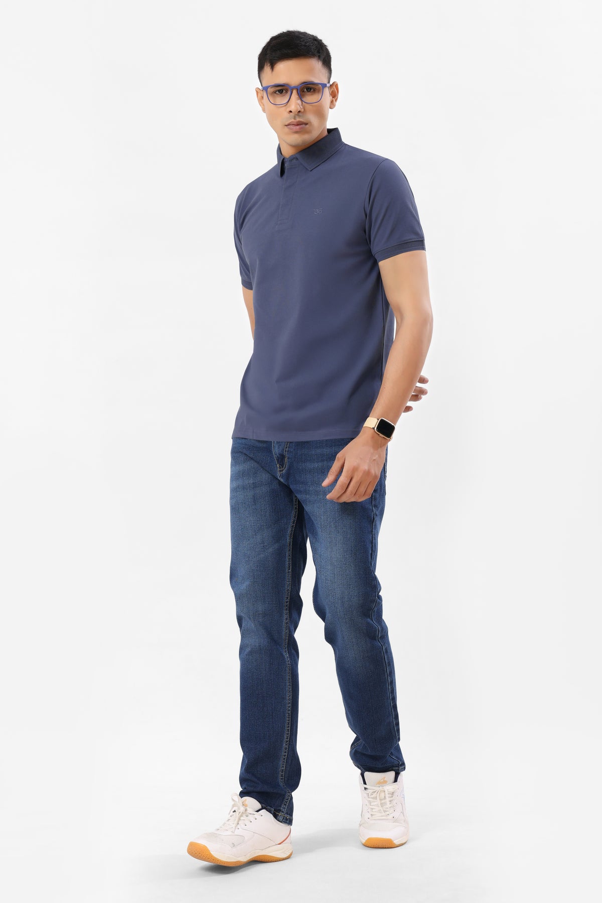 0702-3 Steel Blue Ribbed Collar Polo T-Shirt