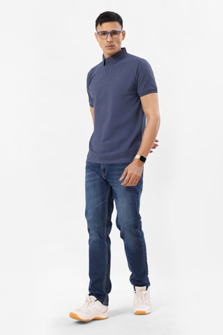0702-3 Steel Blue Ribbed Collar Polo T-Shirt
