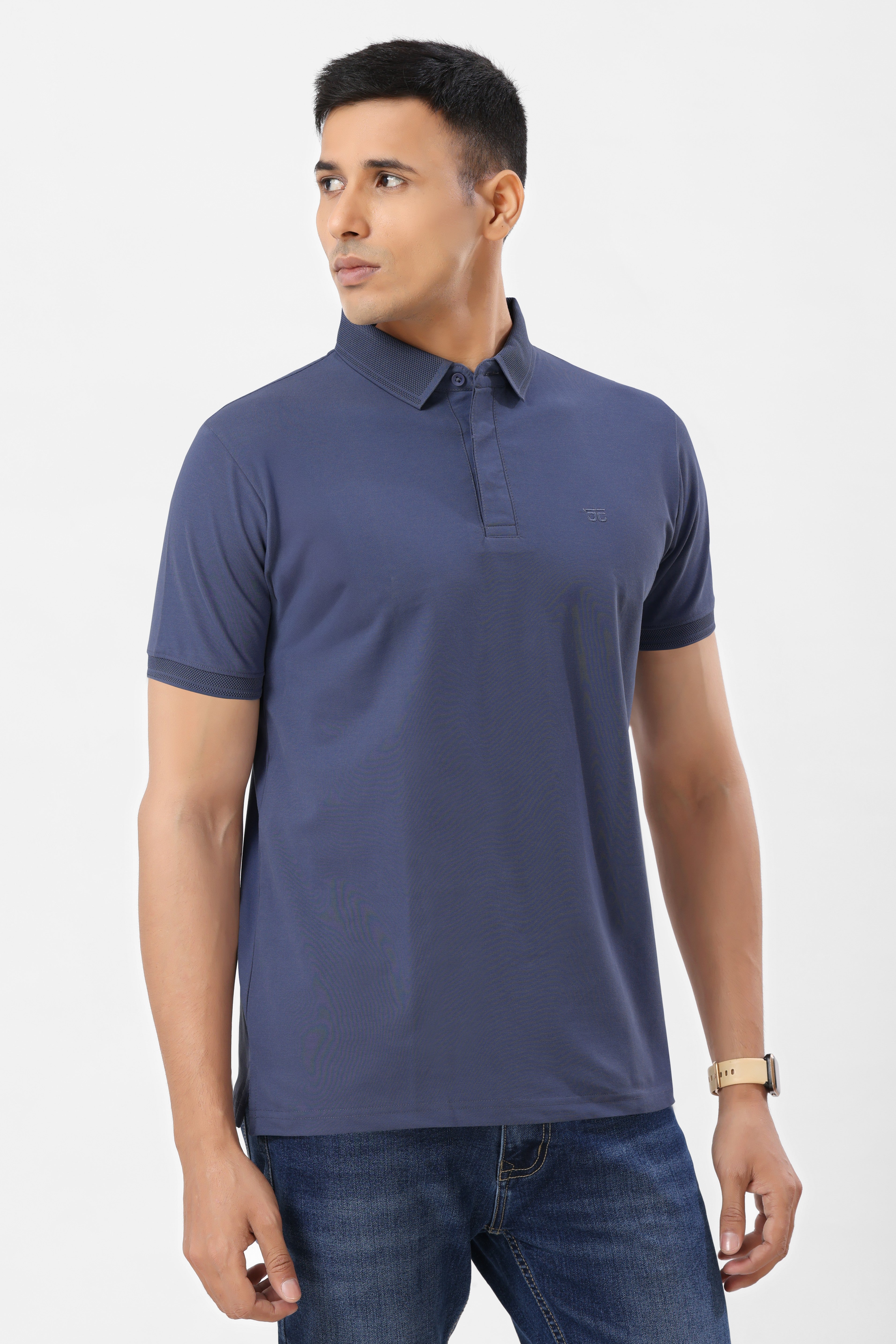 0702-3 Steel Blue Ribbed Collar Polo T-Shirt