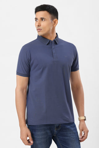 0702-3 Steel Blue Ribbed Collar Polo T-Shirt