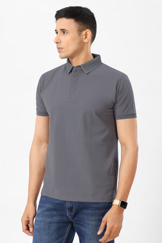 0702-4 Smoky Grey Ribbed Collar Polo T-Shirt