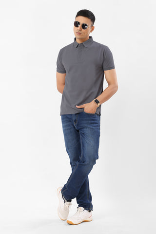 0702-4 Smoky Grey Ribbed Collar Polo T-Shirt